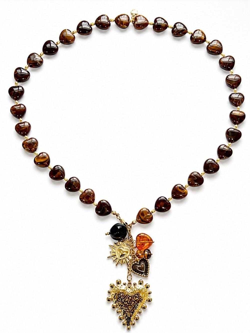 Gold-Accent Brown Heart Bead Necklace with Decorative Charm Drop